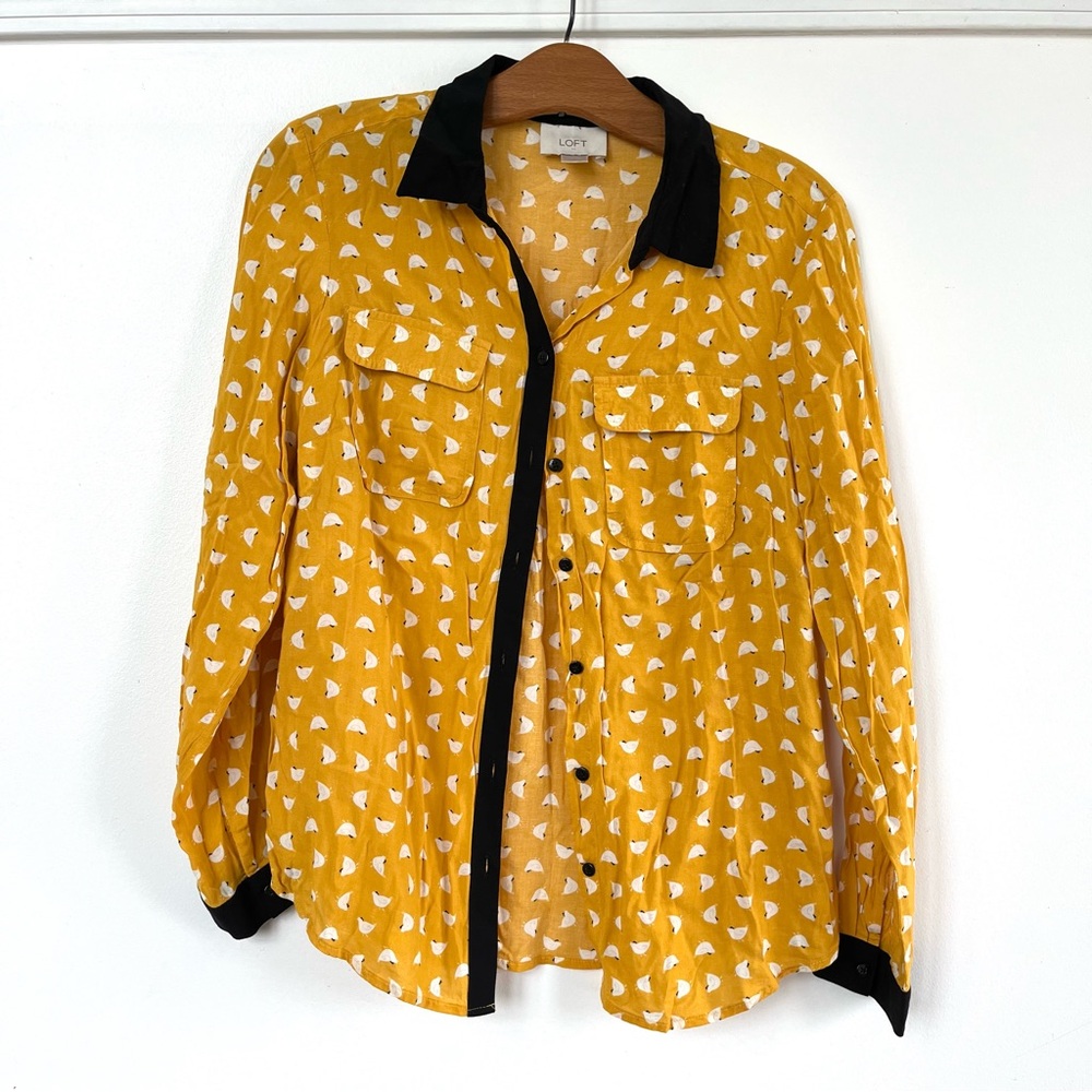 LOFT Mustard Yellow Chicken/French Hen Printed Shirt